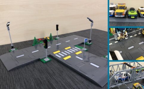 Aufgebautes Set der LEGO Straßenplatten sowie drei Verwendungsbilder