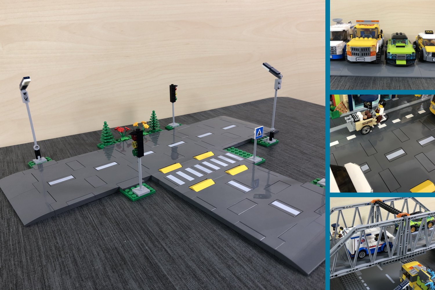 Aufgebautes Set der LEGO Straßenplatten sowie drei Verwendungsbilder