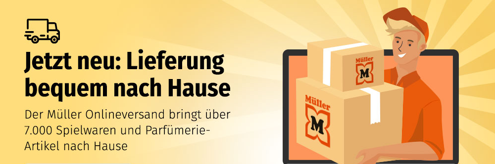 Banner von müller.de: "Lieferung bequem nach Hause"