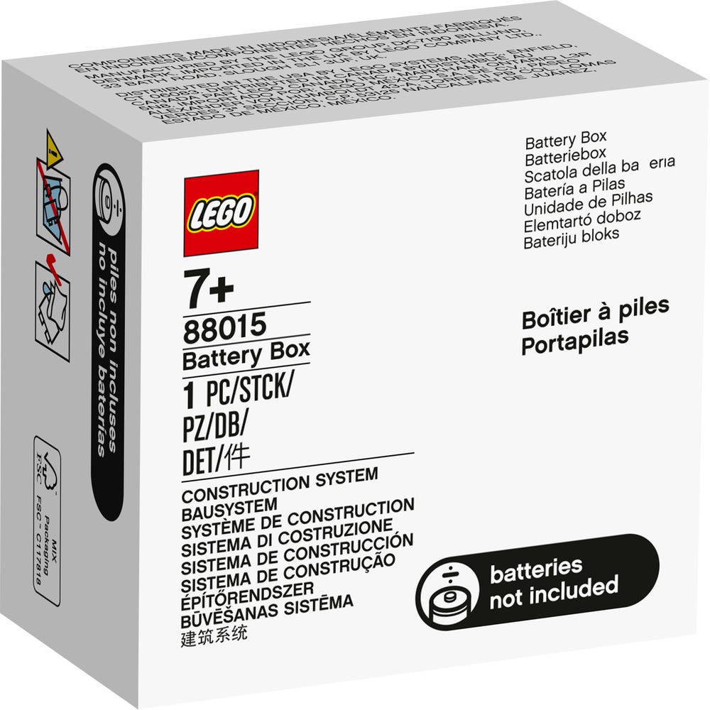Verpackung der neuen LEGO Powered Up Batteriebox 88015 - ohne Bild, nur Text