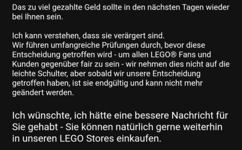 Ausschnitt aus der Zuschrift des LEGO Customer Service