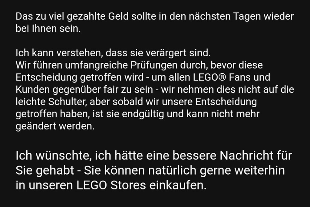 Ausschnitt aus der Zuschrift des LEGO Customer Service