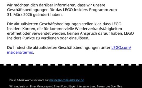 Screenshot der E-Mail von LEGO zur AGB-Änderung bei LEGO Insiders | © LEGO Group / Simon Brandt