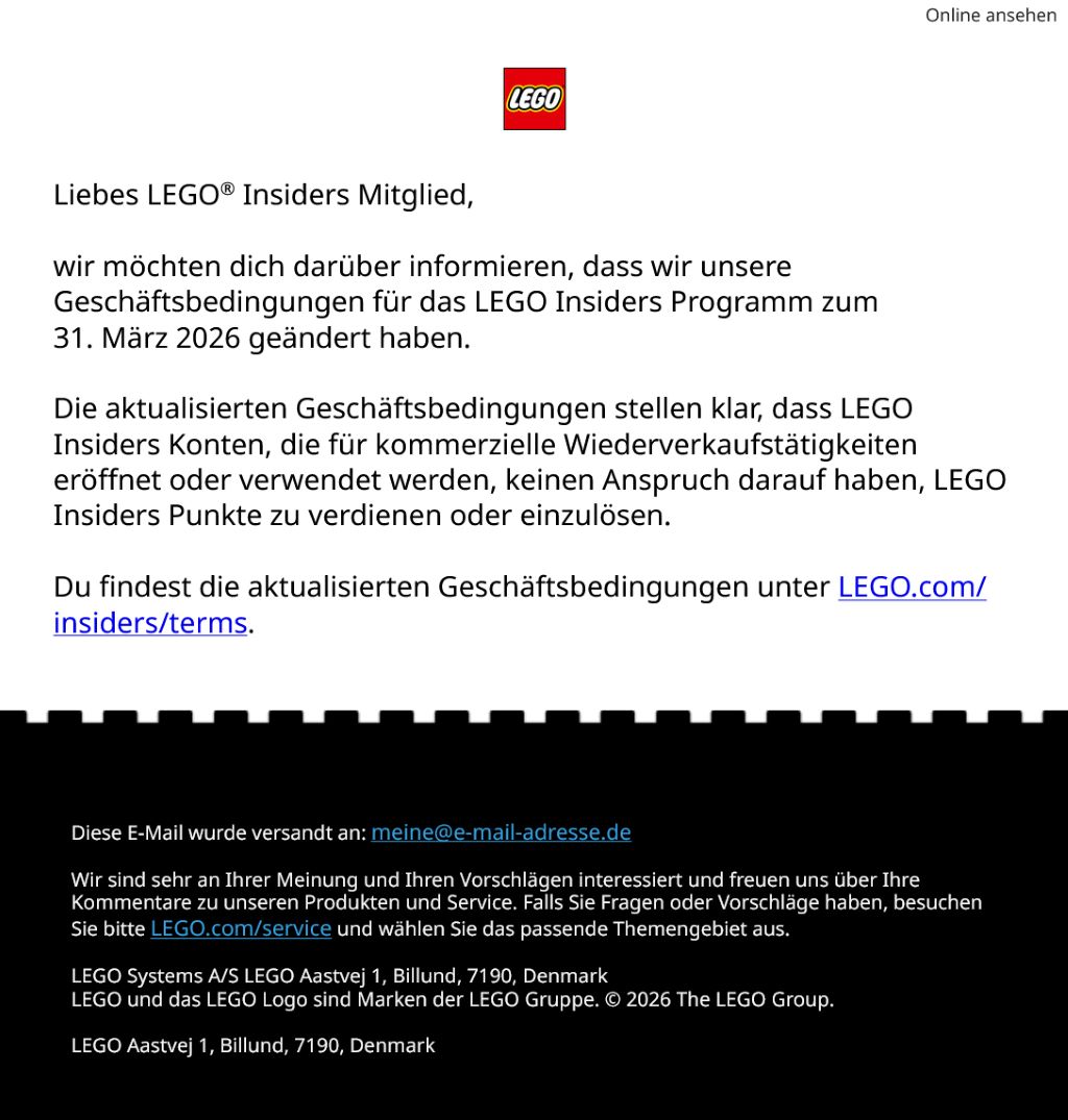 Screenshot der E-Mail von LEGO zur AGB-Änderung bei LEGO Insiders | © LEGO Group / Simon Brandt